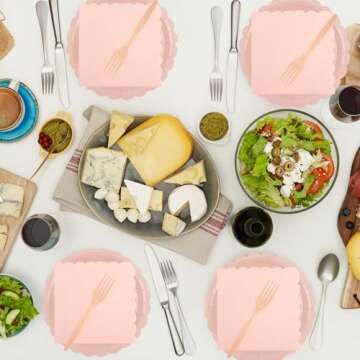 75Pcs Pink Paper Plates and Napkins,25 Guest Pink Scalloped Paper Tableware Forks Disposable Dinnerwaret Kit for Baby Shower Bridal Wedding Birthday Party New Year Decorations