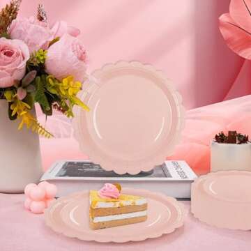 75Pcs Pink Paper Plates and Napkins,25 Guest Pink Scalloped Paper Tableware Forks Disposable Dinnerwaret Kit for Baby Shower Bridal Wedding Birthday Party New Year Decorations