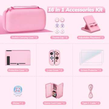 Younik Switch Carrying Case, 16 in 1 Switch Case Accessories Pink for Switch Original Model Includes Switch Travel Case Girls, Protective Case Cover, Screen Protector, Switch Game Case and More