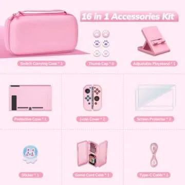 Younik Switch Carrying Case, 16 in 1 Switch Case Accessories Pink for Switch Original Model Includes Switch Travel Case Girls, Protective Case Cover, Screen Protector, Switch Game Case and More