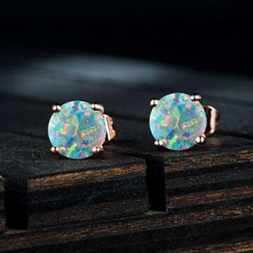 Rose Gold Plated Opal Stud Earrings 8MM Round For Women Men