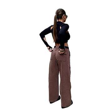 Mwardrobe Women High Waist Denim Pants Baggy Straight Wide Leg Boyfriend Vintage Relaxed Fit Cargo Jeans Streetwear with Pockets(S-Brown,Small)