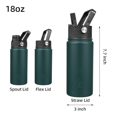 BJPKPK Insulated Water Bottles with Straw Lid, 18oz Stainless Steel Metal Water Bottle, Cold Hot Thermo with 3 Lids, Leak Proof BPA Free Travel Cup, Wide Mouth Flasks, Thermo-Army Green