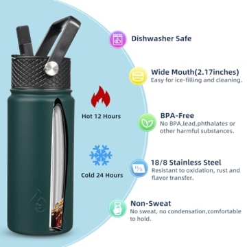 BJPKPK Insulated Water Bottles with Straw Lid, 18oz Stainless Steel Metal Water Bottle, Cold Hot Thermo with 3 Lids, Leak Proof BPA Free Travel Cup, Wide Mouth Flasks, Thermo-Army Green