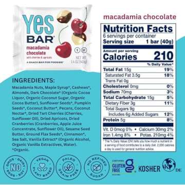 The YES Bar YES Bar – Macadamia Chocolate – Plant Based Protein, Decadent Snack Bar – Vegan, P...