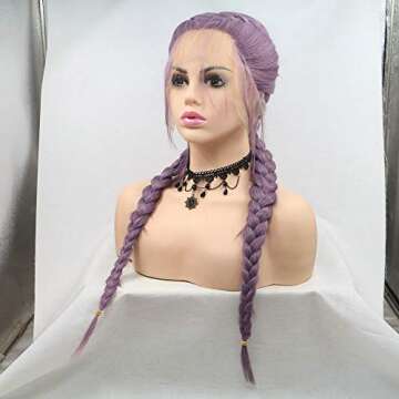 Synthetic Wigs Long All Middle Part Hair Dark Purple Double Braids Style for Women's Makeup Hand-Tie...