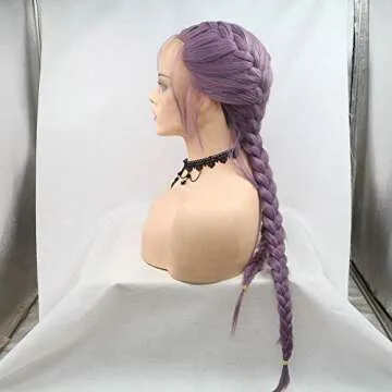 Synthetic Wigs Long All Middle Part Hair Dark Purple Double Braids Style for Women's Makeup Hand-Tied Braided Lace Front Wigs with Baby Hair Milky Lavender High Temperature Fiber for Drag Queen 24"