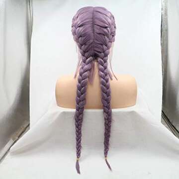 Synthetic Wigs Long All Middle Part Hair Dark Purple Double Braids Style for Women's Makeup Hand-Tied Braided Lace Front Wigs with Baby Hair Milky Lavender High Temperature Fiber for Drag Queen 24"