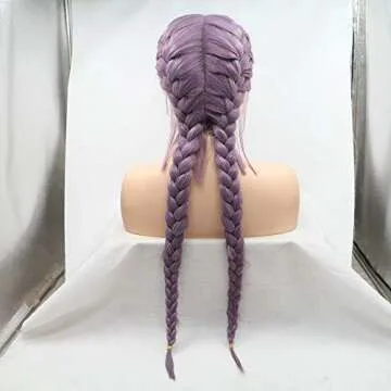 Synthetic Wigs Long All Middle Part Hair Dark Purple Double Braids Style for Women's Makeup Hand-Tied Braided Lace Front Wigs with Baby Hair Milky Lavender High Temperature Fiber for Drag Queen 24"
