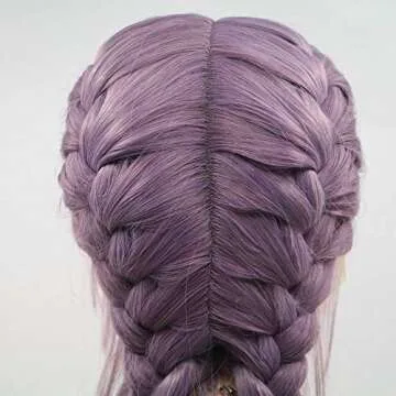 Synthetic Wigs Long All Middle Part Hair Dark Purple Double Braids Style for Women's Makeup Hand-Tied Braided Lace Front Wigs with Baby Hair Milky Lavender High Temperature Fiber for Drag Queen 24"