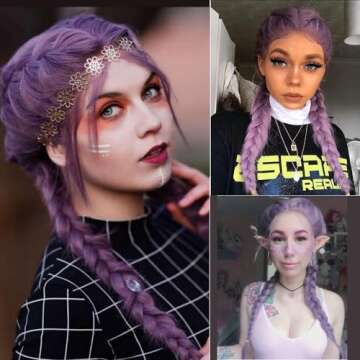 Synthetic Wigs Long All Middle Part Hair Dark Purple Double Braids Style for Women's Makeup Hand-Tied Braided Lace Front Wigs with Baby Hair Milky Lavender High Temperature Fiber for Drag Queen 24"