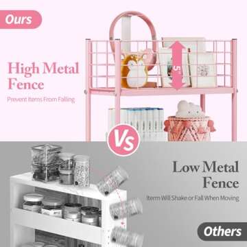 KINGRACK 3-Tier Rolling Utility Cart with Wheels, Metal Slim Storage Cart, Multifunctional Storage Organizer, Under Desk Cart for Kitchen, Office, Bathroom, Narrow Place, Pink