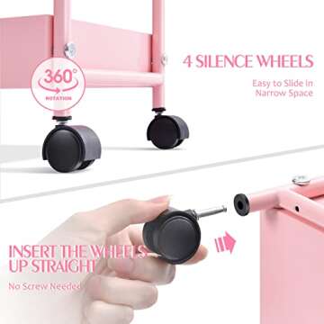 KINGRACK 3-Tier Rolling Utility Cart with Wheels, Metal Slim Storage Cart, Multifunctional Storage Organizer, Under Desk Cart for Kitchen, Office, Bathroom, Narrow Place, Pink