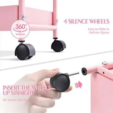 KINGRACK 3-Tier Rolling Utility Cart with Wheels, Metal Slim Storage Cart, Multifunctional Storage Organizer, Under Desk Cart for Kitchen, Office, Bathroom, Narrow Place, Pink