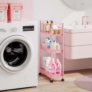 KINGRACK 3-Tier Rolling Utility Cart with Wheels, Metal Slim Storage Cart, Multifunctional Storage Organizer, Under Desk Cart for Kitchen, Office, Bathroom, Narrow Place, Pink