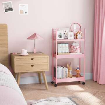 KINGRACK 3-Tier Rolling Utility Cart with Wheels, Metal Slim Storage Cart, Multifunctional Storage Organizer, Under Desk Cart for Kitchen, Office, Bathroom, Narrow Place, Pink