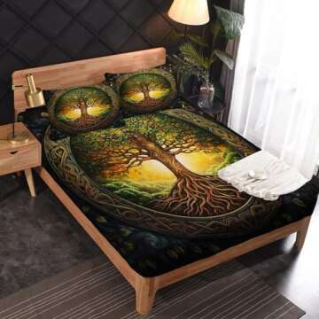 zcwl Tree of Life Sheets Queen Size, Fantasy Bed Sheet Set, Super Soft Microfiber Patterned Bedding Sheet Sets 4 Piece, 16 Inch Deep Pocket Fitted Sheet & Flat Sheet & 2 Pillowcase