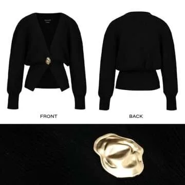 URBAN REVIVO Women Knitted Cardigans Long Sleeve V-Neck Lightweight Sweater One Leaf Button Down Outwear Black, Small