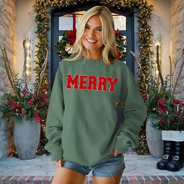 Christmas Sweatshirt for Women with Glitter Patch Design