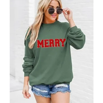 Christmas Sweatshirt for Women with Glitter Patch Design