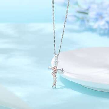 ACECHA Elegant Cross Necklace with Flower Birthstone