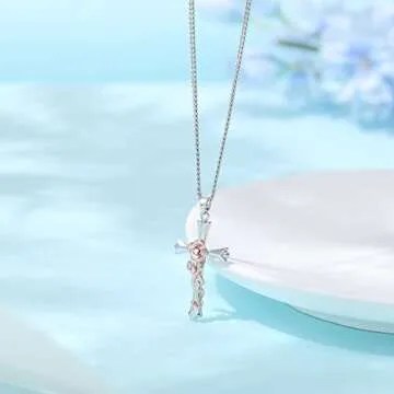 ACECHA Elegant Cross Necklace with Flower Birthstone