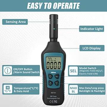 EMF Meter 5HZ-3.5G, Vlifree EMF Detector with Digital LCD Backlit Display for Electromagnetic Field 5HZ-3500MHz, Electronic Radiation, Temperature Detector, EMF Tester for Home, Ghost Hunting