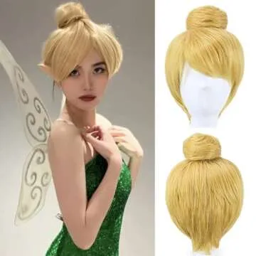 ANOGOL Hair Cap+ Women Short Gold Wig with Buns Straight Cosplay Costume Wig for Halloween Party Hai...