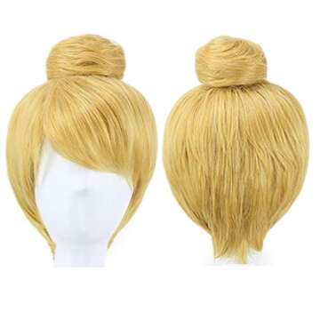 ANOGOL Hair Cap+ Women Short Gold Wig with Buns Straight Cosplay Costume Wig for Halloween Party Hair Gold Blonde Christmas Wig