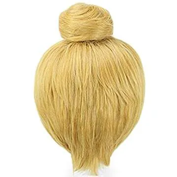 ANOGOL Hair Cap+ Women Short Gold Wig with Buns Straight Cosplay Costume Wig for Halloween Party Hair Gold Blonde Christmas Wig