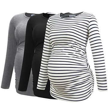 Smallshow Women's Maternity Tops Tunic T Shirts Long Sleeve Pregnancy Clothes 3-Pack Black-Light Gre...
