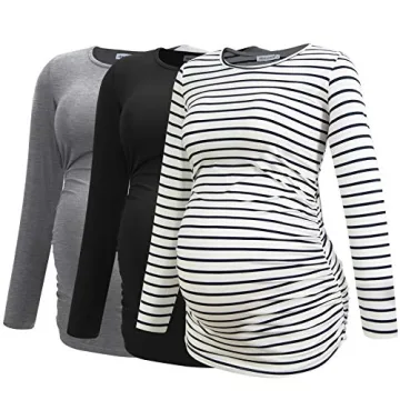 Smallshow Women's Maternity Tops Tunic T Shirts Long Sleeve Pregnancy Clothes 3-Pack Black-Light Gre...