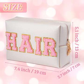 Y1tvei Preppy Patch HAIR Letter Cosmetic Toiletry Bag PU Leather Portable Makeup Bag Sewn with Felt ...