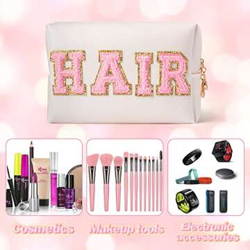 Y1tvei Preppy Patch HAIR Letter Cosmetic Toiletry Bag PU Leather Portable Makeup Bag Sewn with Felt Varsity Letter Patches Waterproof Zipper Pouch Travel Organizer for Women Girls Teen(Shell Gold)