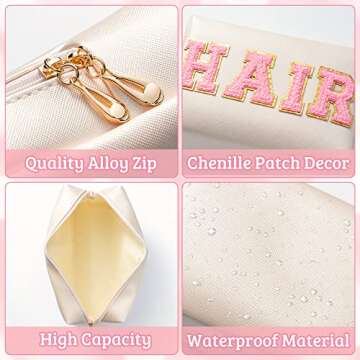 Y1tvei Preppy Patch HAIR Letter Cosmetic Toiletry Bag PU Leather Portable Makeup Bag Sewn with Felt Varsity Letter Patches Waterproof Zipper Pouch Travel Organizer for Women Girls Teen(Shell Gold)