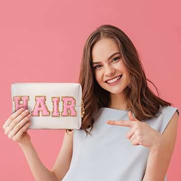 Y1tvei Preppy Patch HAIR Letter Cosmetic Toiletry Bag PU Leather Portable Makeup Bag Sewn with Felt Varsity Letter Patches Waterproof Zipper Pouch Travel Organizer for Women Girls Teen(Shell Gold)