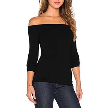 Women's Sexy Slim Fit Stretchy Off Shoulder Long Sleeve Blouse Tops Shirt Black S