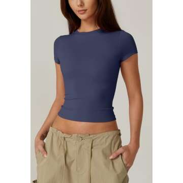 QINSEN Double Lined Slim Fit T Shirts for Women Short Sleeve Crew Neck Crop Top Navy M