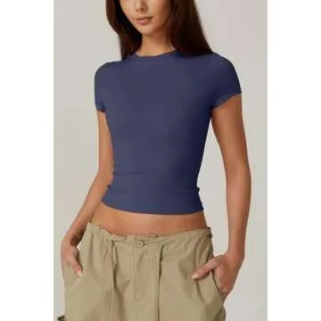 QINSEN Double Lined Slim Fit T Shirts for Women Short Sleeve Crew Neck Crop Top Navy M