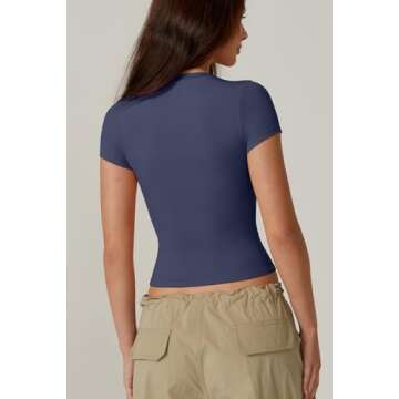 QINSEN Double Lined Slim Fit T Shirts for Women Short Sleeve Crew Neck Crop Top Navy M