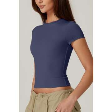QINSEN Double Lined Slim Fit T Shirts for Women Short Sleeve Crew Neck Crop Top Navy M