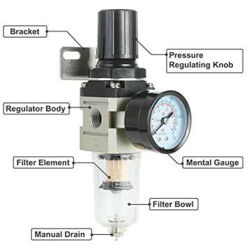 Hromee 1/4 Inch Air Compressor Filter Regulator Combo – Durable Brass with Pressure Gauge and Ball...