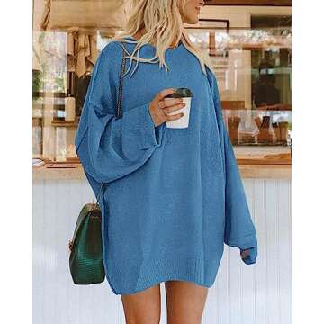 BTFBM 2025 Womens Sweaters Casual Crewneck Long Sleeve Oversized Sweater Dress Fall Winter Loose Slouchy Soft Pullover(Solid Blue, Medium)