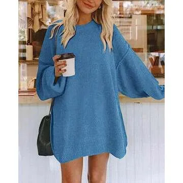 BTFBM 2025 Womens Sweaters Casual Crewneck Long Sleeve Oversized Sweater Dress Fall Winter Loose Slouchy Soft Pullover(Solid Blue, Medium)