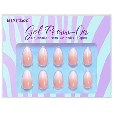 Almond Press On Nails Medium - BTArtbox Soft Gel Ombre Fake Nails with Nail Glue, Semi-Transparent Reusable Glue On Nails in 16 Sizes - 30PCS Stick On Nails Kit, Vanilla Cream Almond