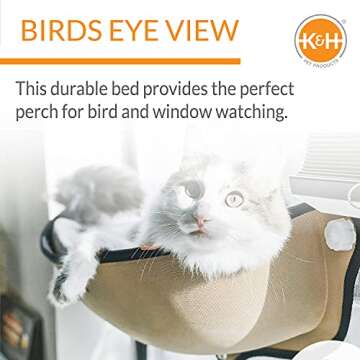K&H Pet Products EZ Mount Cat Window Perch Bed, Sturdy Cat Window Hammock with Strong Suction Cups, Tool-Free Assembly, Washable Sleeping Pad, Fits 27"W X 11"H Glass Spaces - Tan