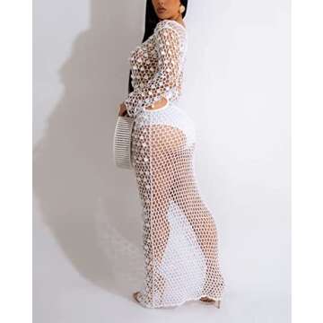 Summer Beach Dresses for Women Swimsuit Coverup - Sun Dresses Women Casual Swim Cover Up Long Sleeve Hollow Out Sexy Sparkly Sequin Party Prom Cocktail Vacation Bodycon Long Maxi Dress White, 2XL