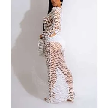 Summer Beach Dresses for Women Swimsuit Coverup - Sun Dresses Women Casual Swim Cover Up Long Sleeve Hollow Out Sexy Sparkly Sequin Party Prom Cocktail Vacation Bodycon Long Maxi Dress White, 2XL