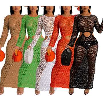 Summer Beach Dresses for Women Swimsuit Coverup - Sun Dresses Women Casual Swim Cover Up Long Sleeve Hollow Out Sexy Sparkly Sequin Party Prom Cocktail Vacation Bodycon Long Maxi Dress White, 2XL
