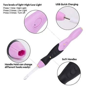 Vidillo Crochet Hooks Lights Set with Case, Ergonomic Rechargeable Lighted Hooks,9 Interchangeable Heads Hooks with a Crochet Hooks Case, Knitting Knit Needles Weave Yarn Sewing DIY Craft (Purple)